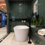 Mid-century-inspired primary luxury bath wet room design & remodel - TEW Design Studio Raleigh Durham
