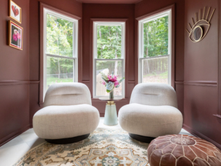 TEW DESIGN STUDIO | HEATHER RIDGE BREAKFAST NOOK Breakfast nook turned cozy space featuring rich earthy clays to juxtapose the soft natural greens of the ktichen.