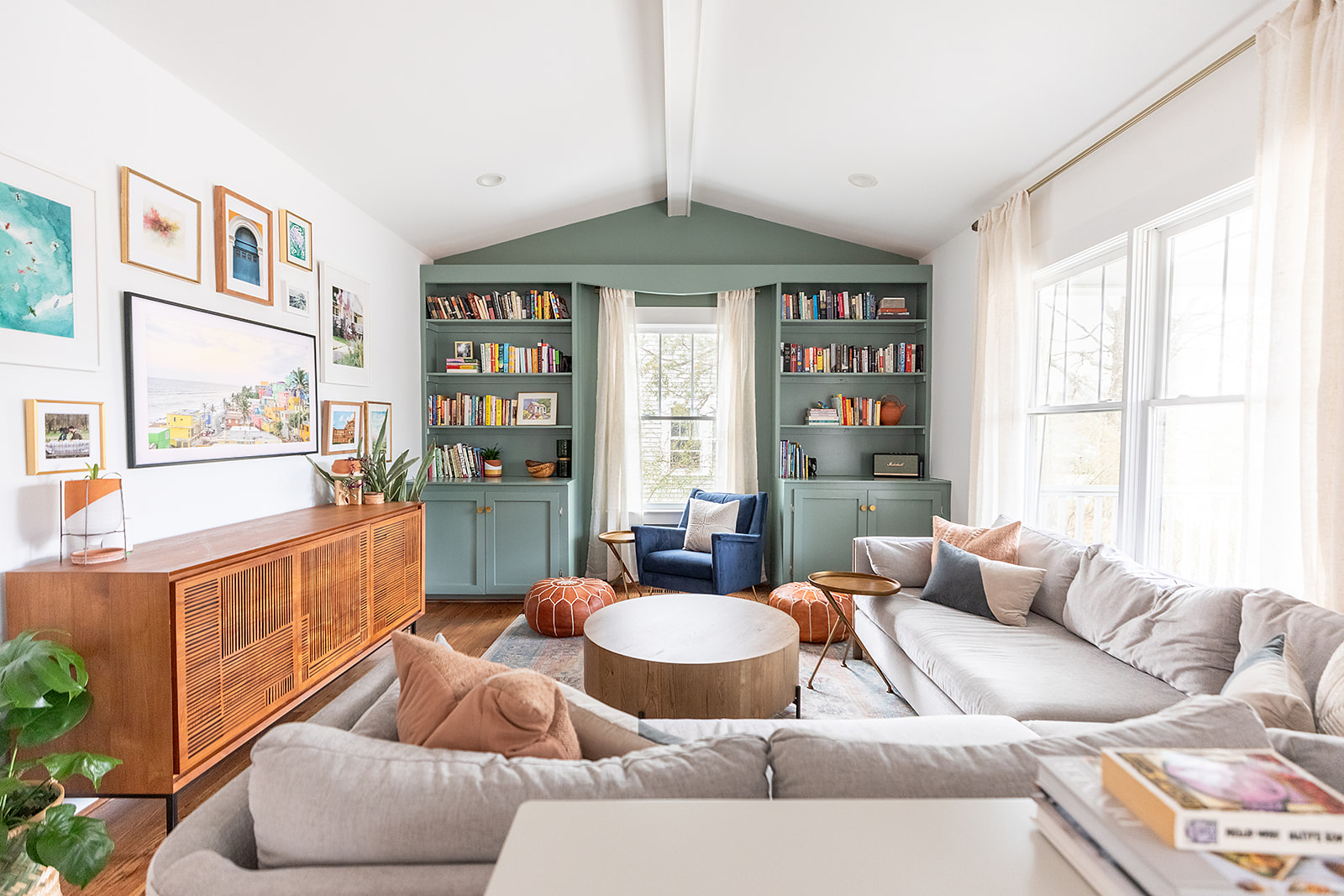Chapel Hill Rd. Living Room View of Built-In Bookshelves and Gallery Wall.