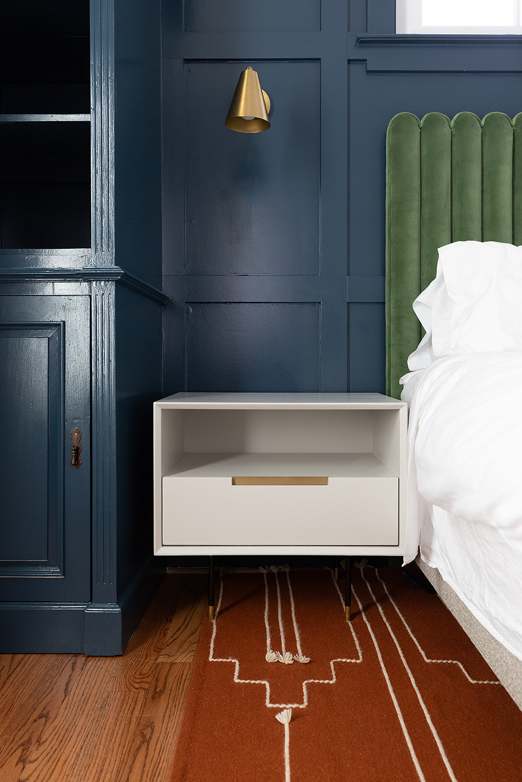 Chapel Hill Rd. Close-Up of Side Table Next to Bed in Primary Bedroom.