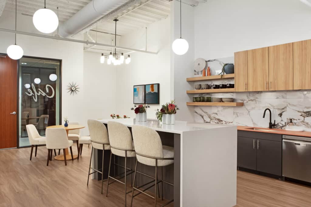 Law office with inviting and welcoming ambience, well-lit dining area. 